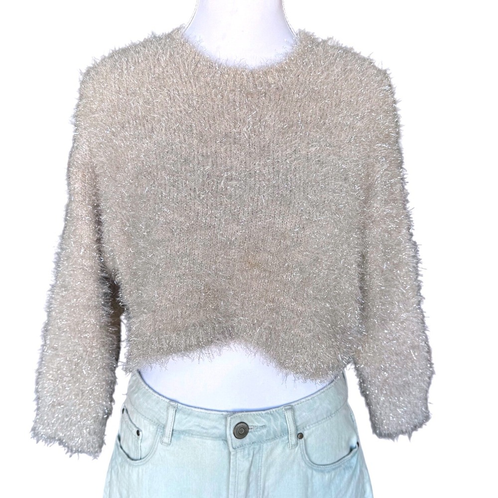 Cropped Metallic Sweater Fall Shimmer Fuzzy Knit Autumn Silver Y2K Art Class M